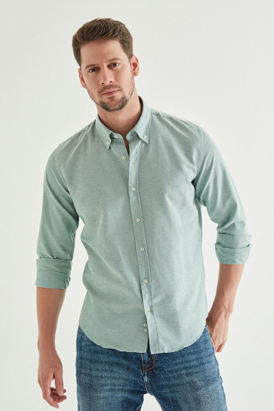 Slim Fit Yeşil Armürlü Düğmeli Yaka Pamuklu Gömlek Slim Fit Yeşil Armürlü Düğmeli Yaka Pamuklu Gömlek