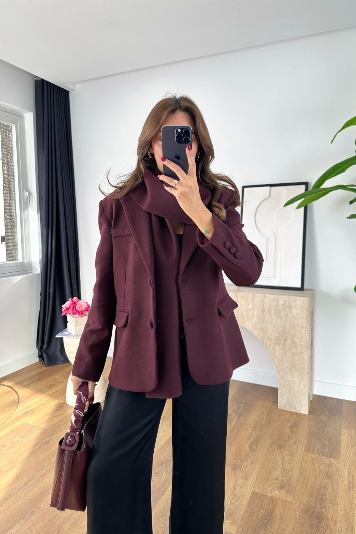 Fasone Bordo Şal Detaylı Blazer Ceket