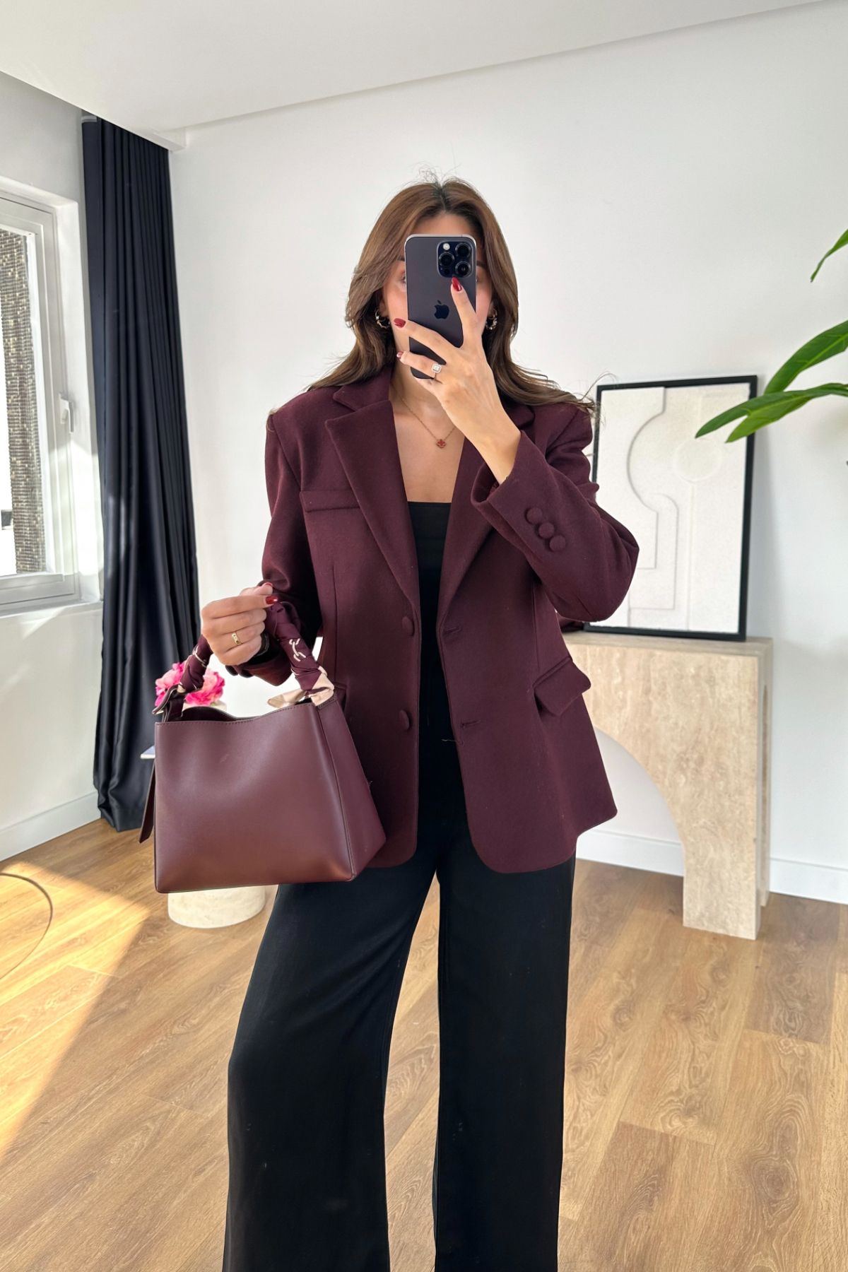 Fasone Bordo Şal Detaylı Blazer Ceket