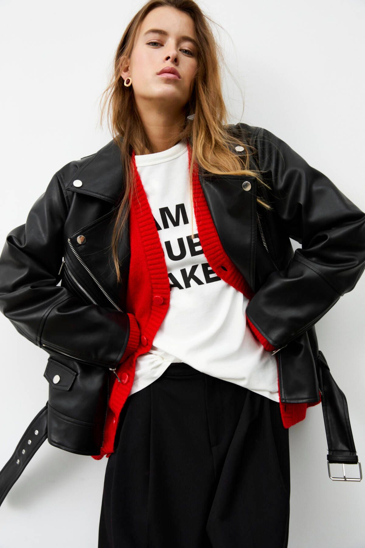 Oversize suni deri biker ceket