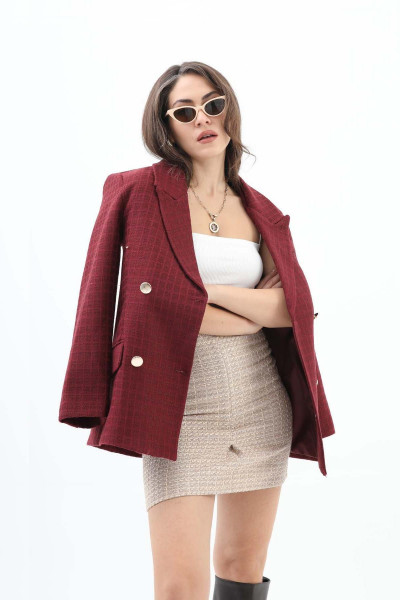 Kare Desen Kruvaze Yaka Ceket - Bordo Kare Desen Kruvaze Yaka Ceket - Bordo