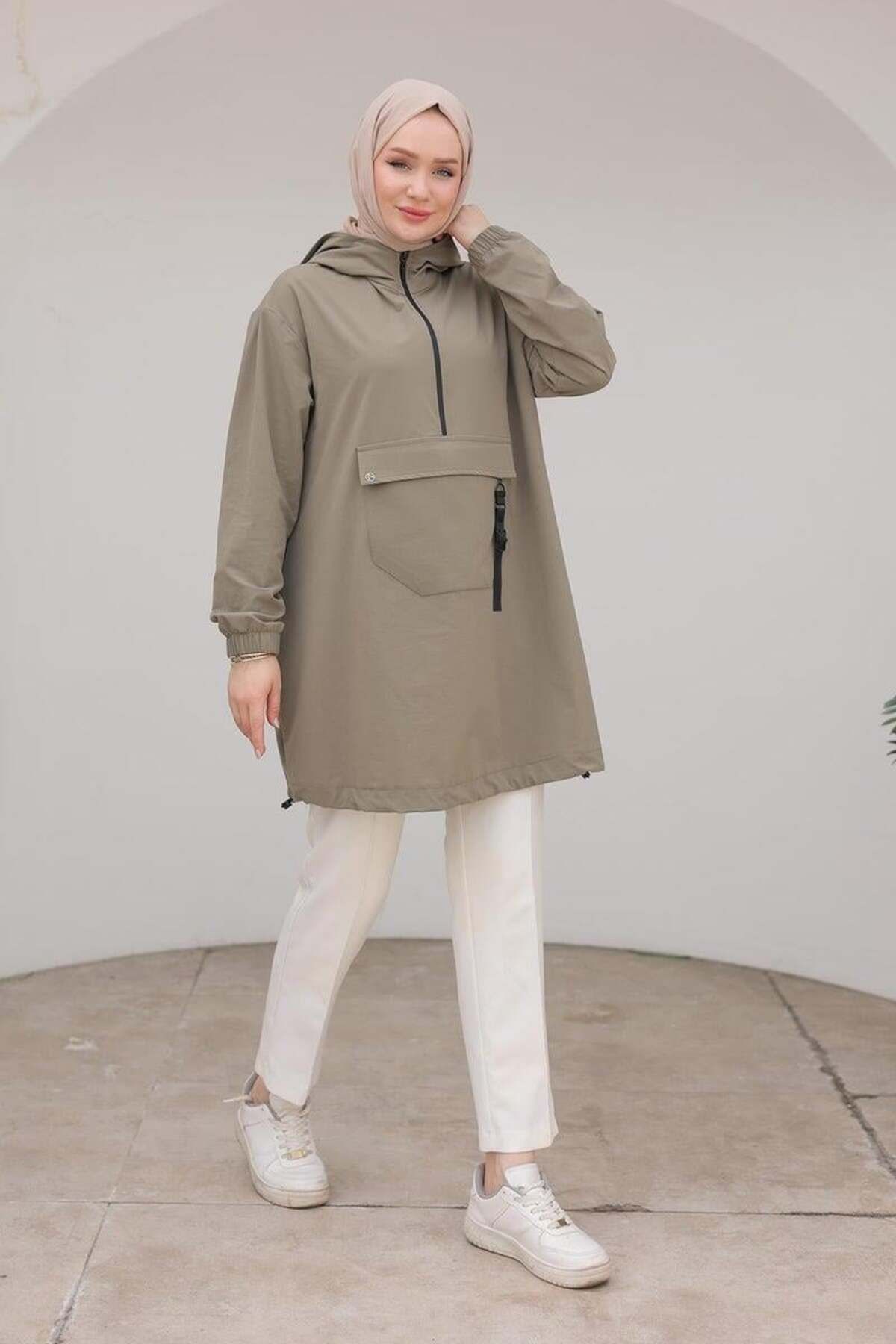 Trend Fermuar Detaylı Kapüşonlu Tunik - Küf Yeşili Trend Fermuar Detaylı Kapüşonlu Tunik - Küf Yeşili