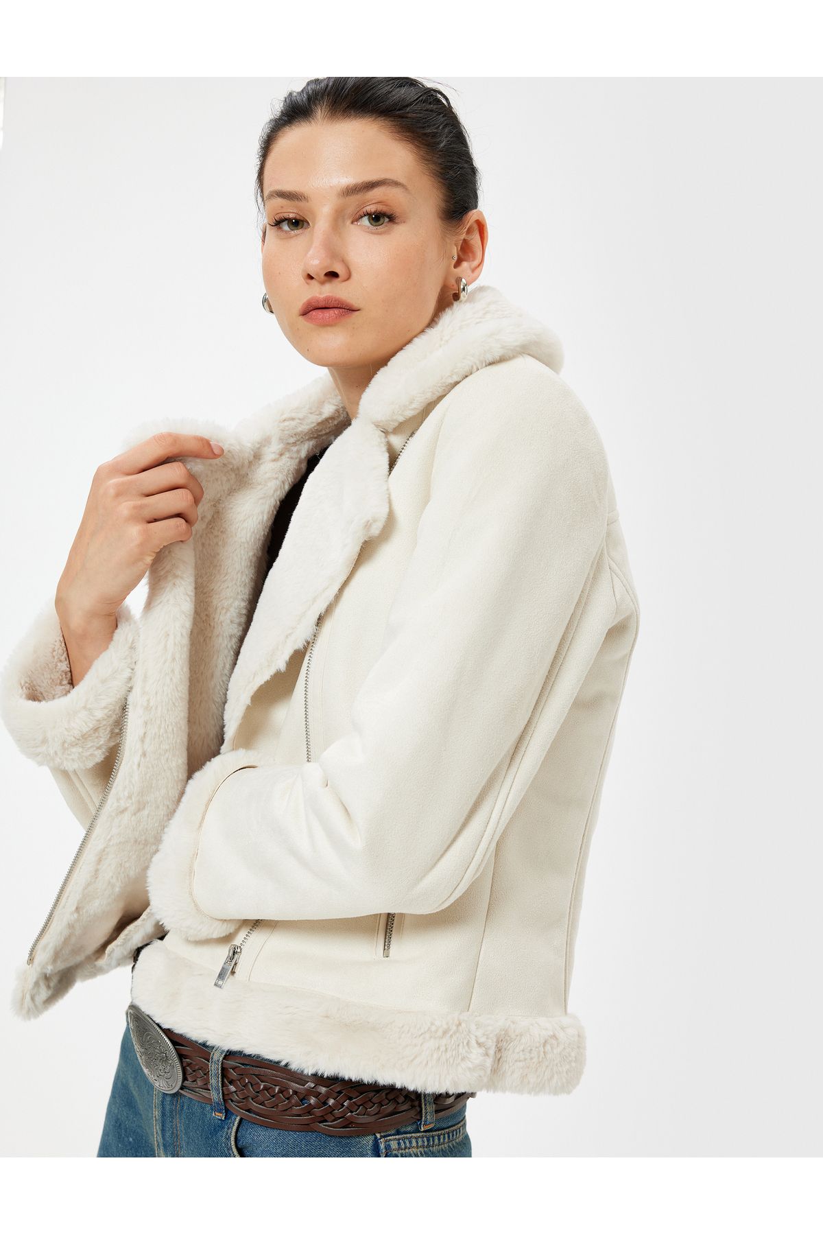 Suni Süet Biker Ceket Peluş Peluş Astarlı Fermuarlı Suni Süet Biker Ceket Peluş Peluş Astarlı Fermuarlı