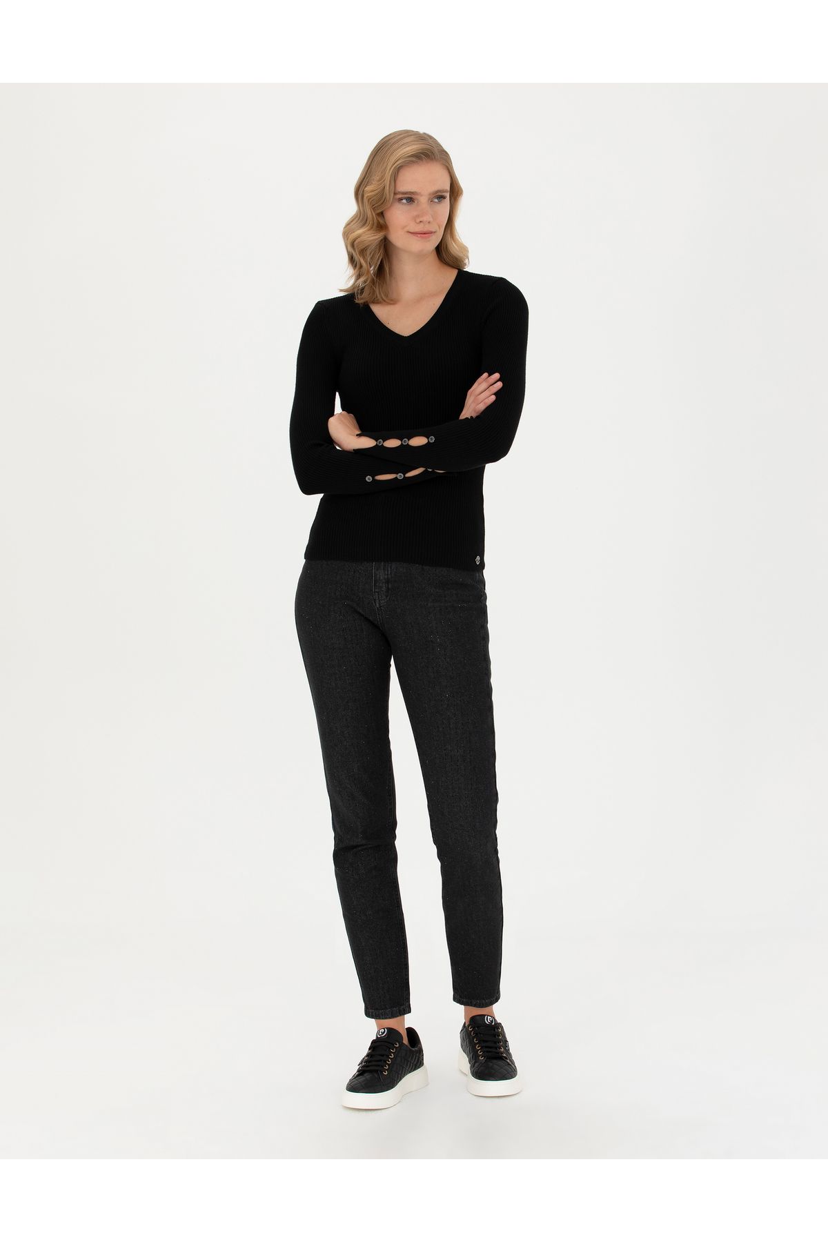 Siyah Ex Slim Fit V Yaka Kazak 50276197-VR046 Siyah Ex Slim Fit V Yaka Kazak 50276197-VR046