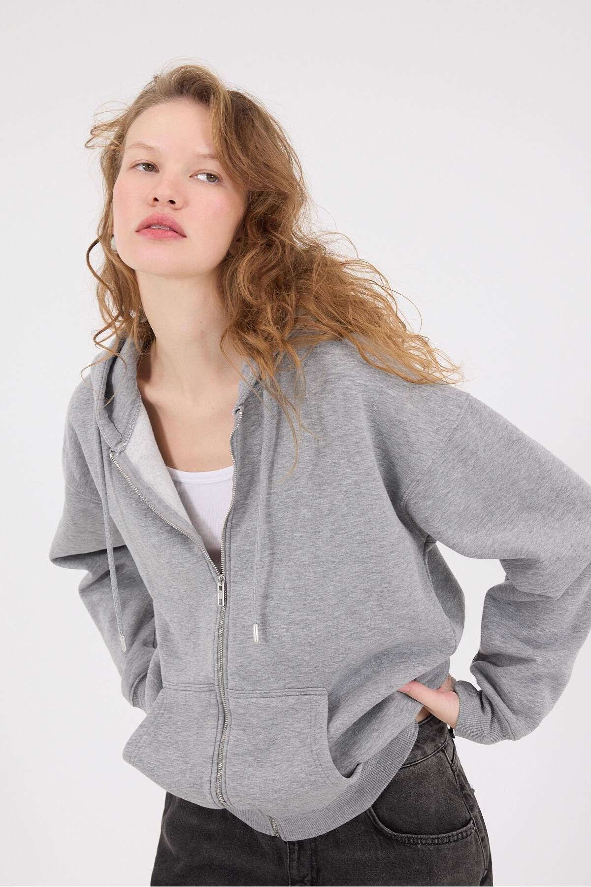 Şardonlu Fermuarlı Oversize Sweatshirt H9476-g12v3