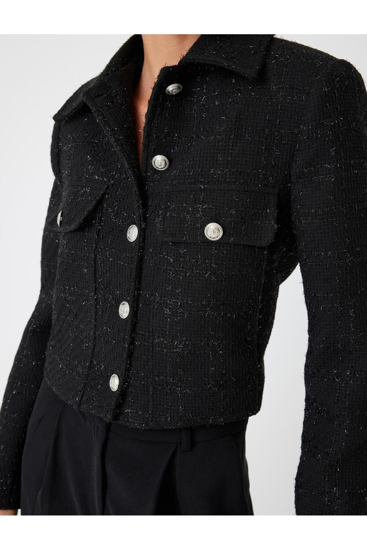 Tüvit Crop Ceket Düğmeli Kapaklı Cep Detaylı Tüvit Crop Ceket Düğmeli Kapaklı Cep Detaylı