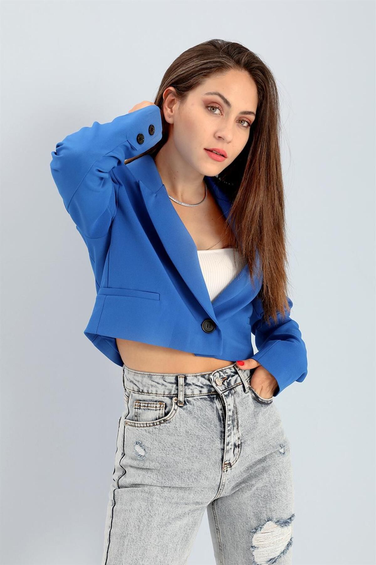 Çift Peto Cepli Kısa Crop Blazer Ceket - SaksMavisi