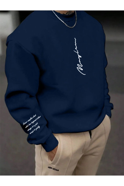 Lacivert Renkli Unisex Never Baskılı Oversize Bisiklet Yaka Pamuklu Sweatshirt Lacivert Renkli Unisex Never Baskılı Oversize Bisiklet Yaka Pamuklu Sweatshirt