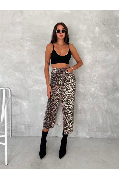 Leopar Desen Uzun Yırtmaçlı Midi Etek Leopar Desen Uzun Yırtmaçlı Midi Etek
