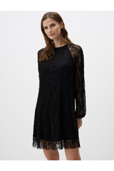 Siyah Yuvarlak Yaka Dantel Detaylı Örme Mini Elbise Siyah Yuvarlak Yaka Dantel Detaylı Örme Mini Elbise