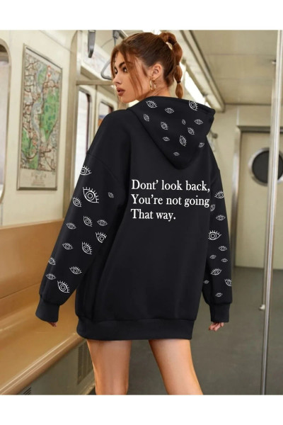 Kadın siyah Kapüşonlu Eye Baskılı Kanguru Cepli Rahat Kesim Oversize Sweatshirt Kadın siyah Kapüşonlu Eye Baskılı Kanguru Cepli Rahat Kesim Oversize Sweatshirt