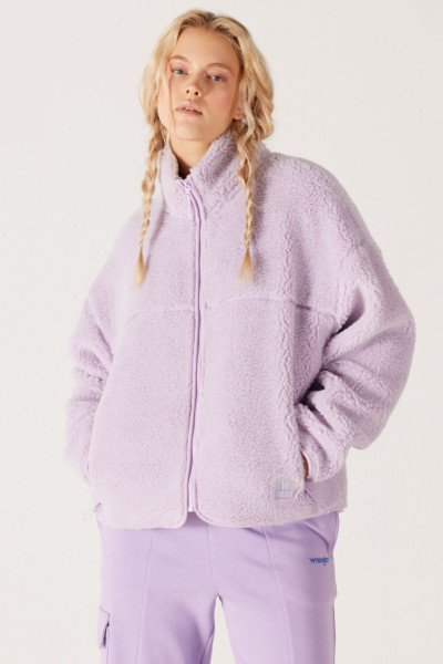 Oversize Bol Kesim Dik Yaka Fermuarlı Suni Yünlü Kadın Lila Sherpa Ceket Oversize Bol Kesim Dik Yaka Fermuarlı Suni Yünlü Kadın Lila Sherpa Ceket