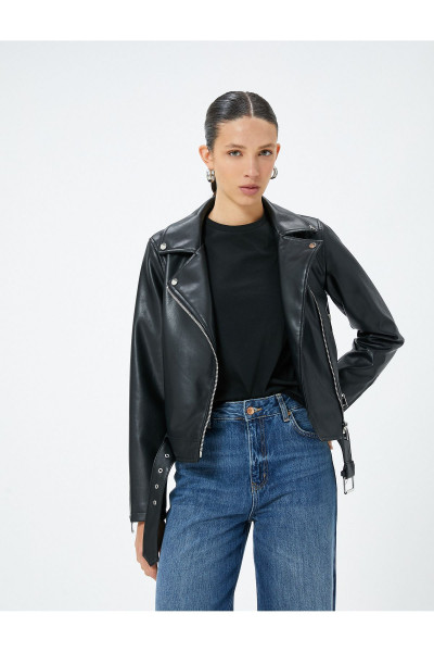 Suni Deri Ceket Fermuarlı Kruvaze Cepli Suni Deri Ceket Fermuarlı Kruvaze Cepli