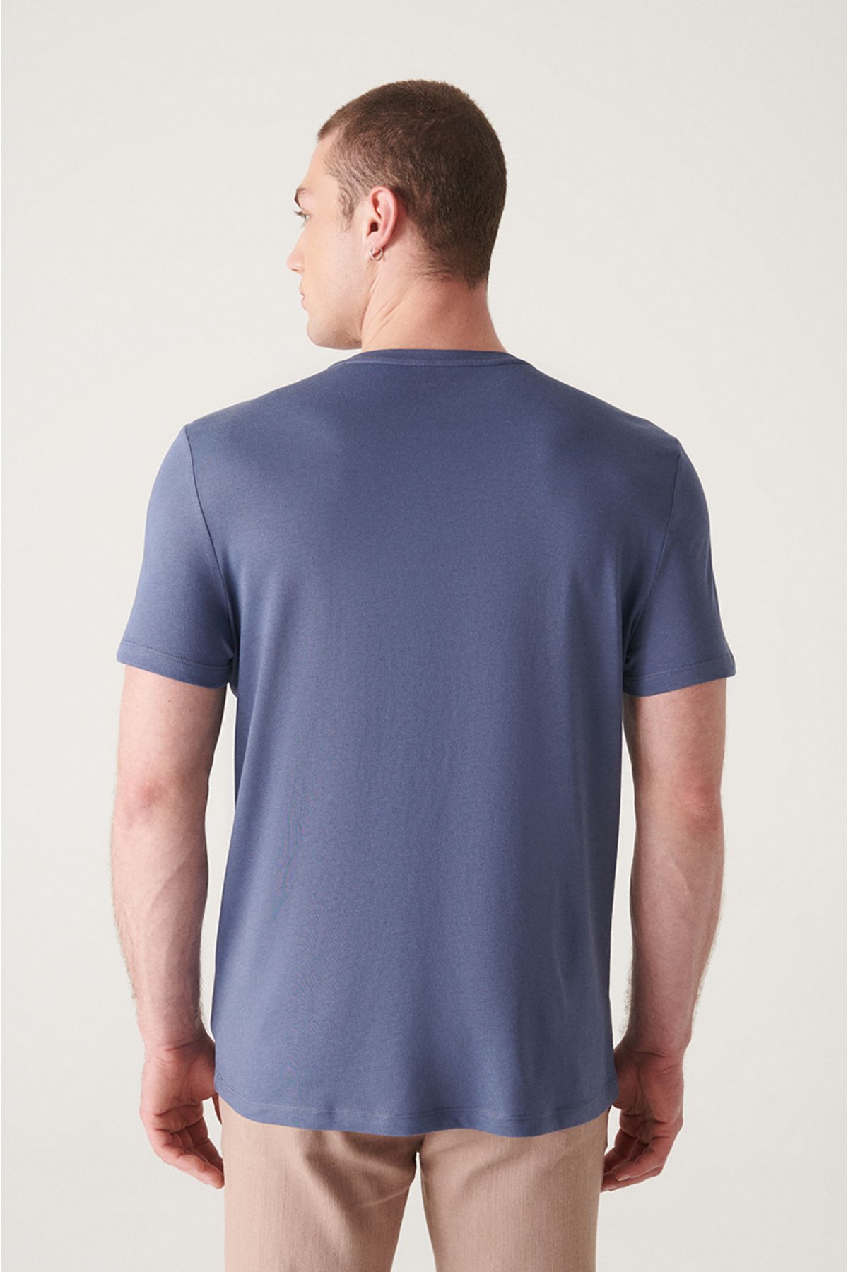 Erkek Indigo Ultrasoft Bisiklet Yaka Düz Modal T-shirt B001171