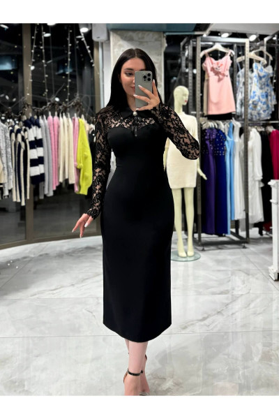 Linda Dantel Detay Çıkarılabilir Yaka Detaylı Uzun Kol Midi Boy Elbise Siyah Linda Dantel Detay Çıkarılabilir Yaka Detaylı Uzun Kol Midi Boy Elbise Siyah