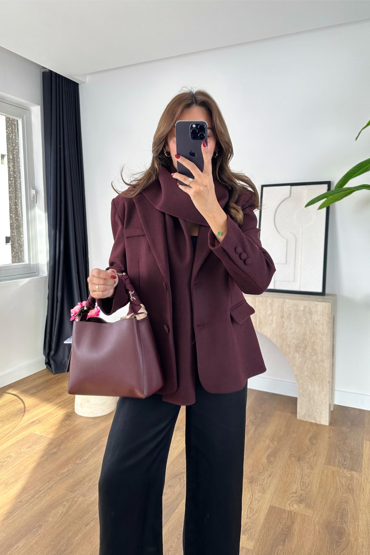 Fasone Bordo Şal Detaylı Blazer Ceket