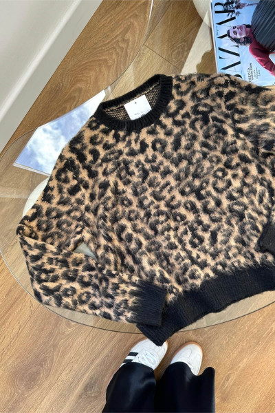 Pole Leopar Desenli Sakallı Triko Kazak Pole Leopar Desenli Sakallı Triko Kazak
