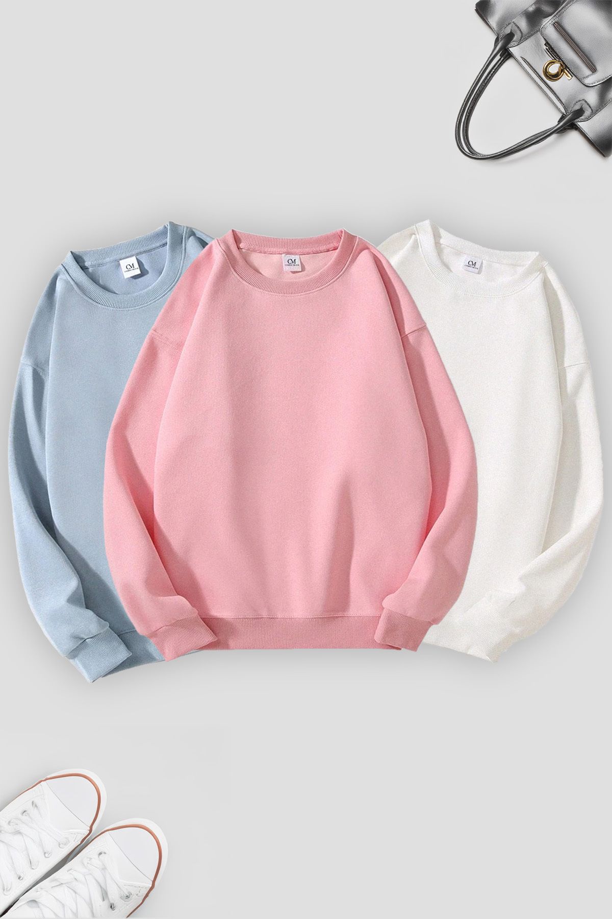 Unisex 3'lü Pembe Ekru Bebe Mavi Bisiklet Yaka Oversize Sweatshirt Paketi