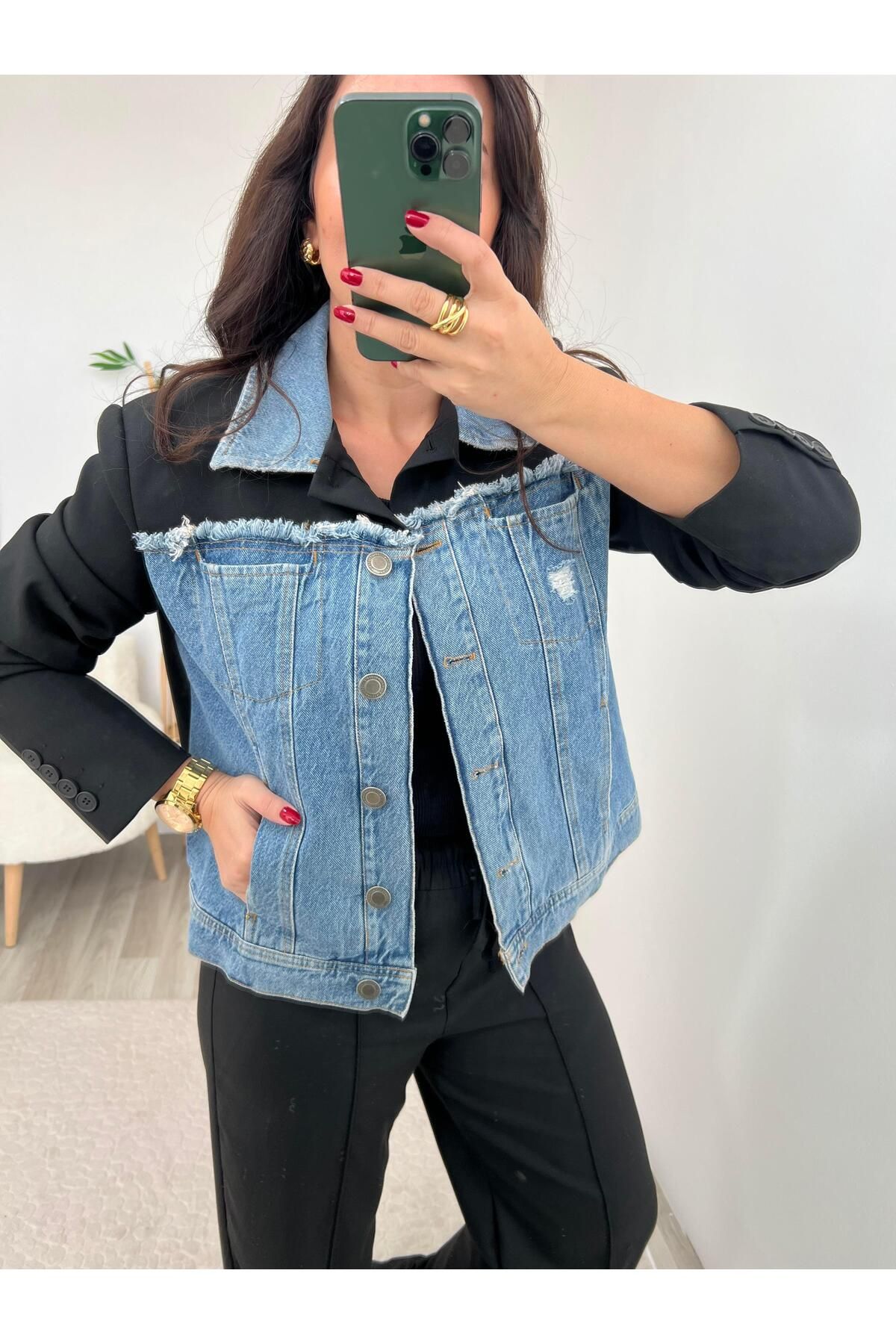 Siyah Denim Detaylı Tasarım Ceket Siyah Denim Detaylı Tasarım Ceket
