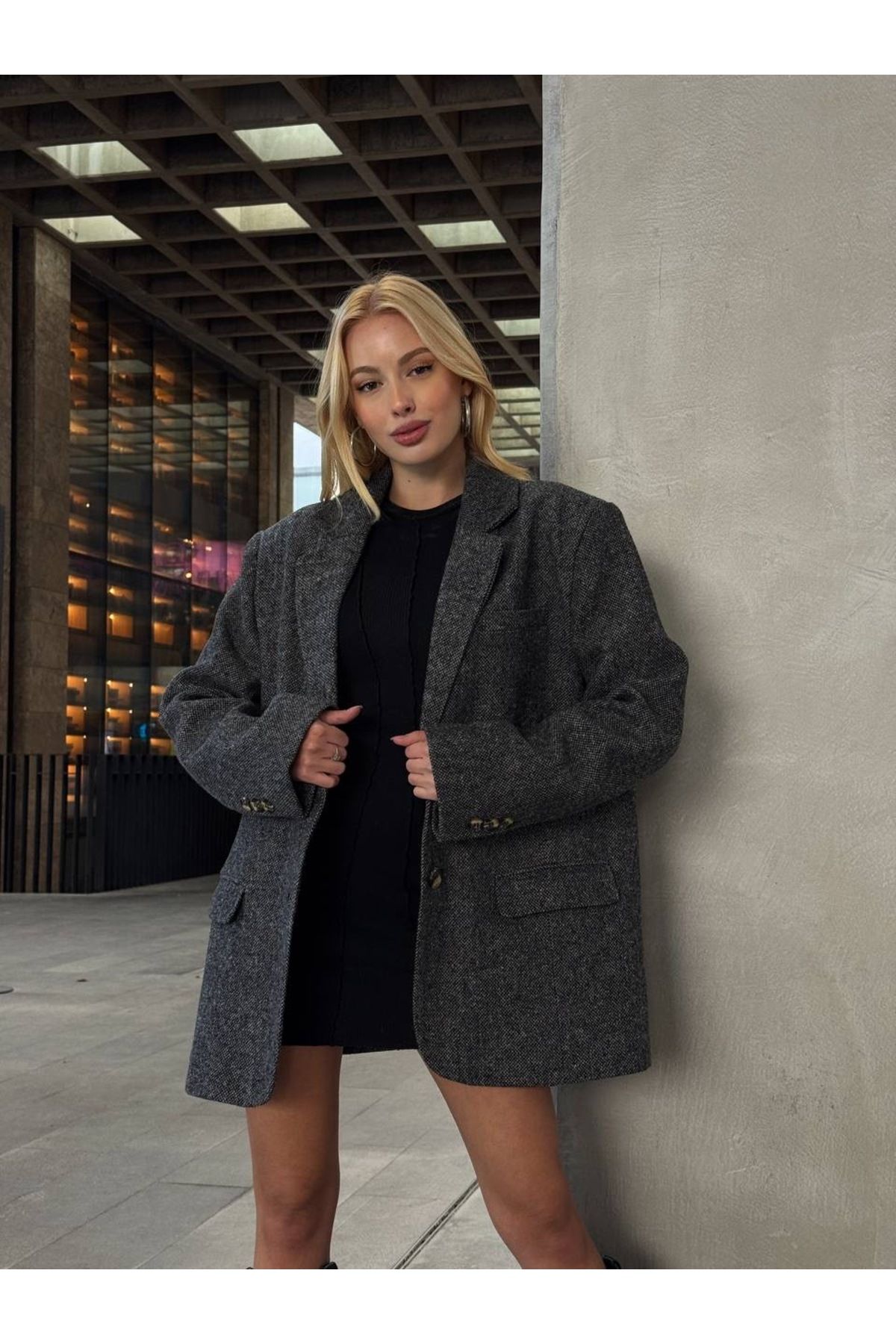 Oversize Kaşe Astarlı Blazer Gri Ceket