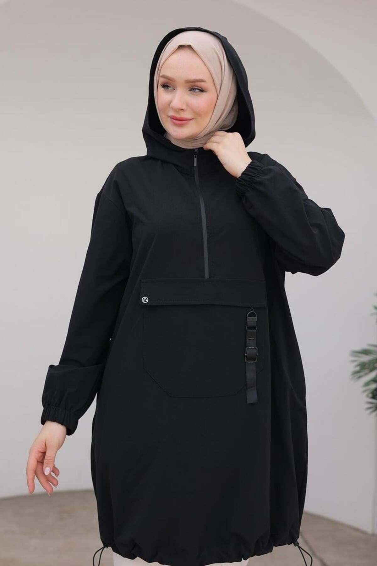 Trend Fermuar Detaylı Kapüşonlu Tunik - Siyah Trend Fermuar Detaylı Kapüşonlu Tunik - Siyah