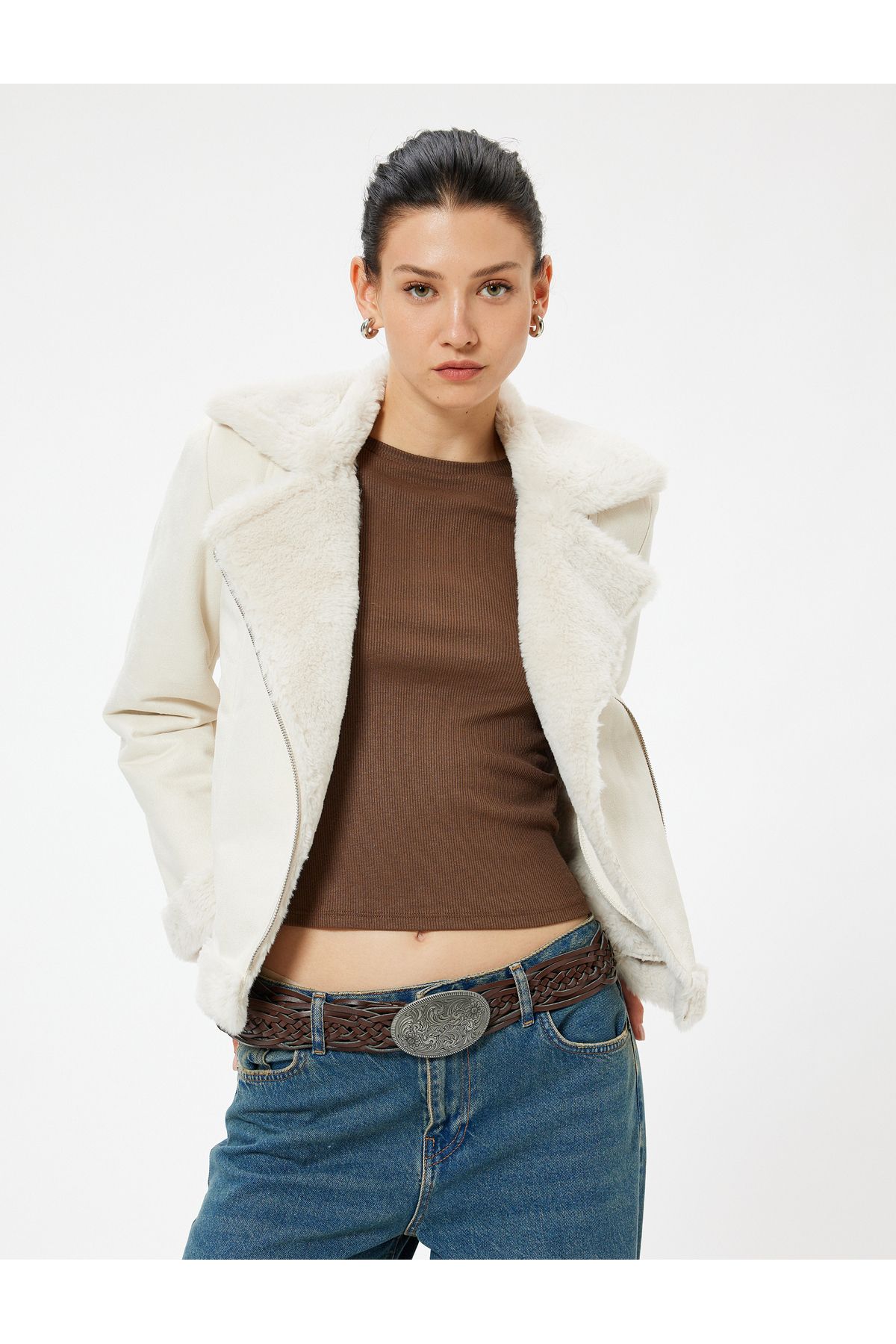 Suni Süet Biker Ceket Peluş Peluş Astarlı Fermuarlı Suni Süet Biker Ceket Peluş Peluş Astarlı Fermuarlı