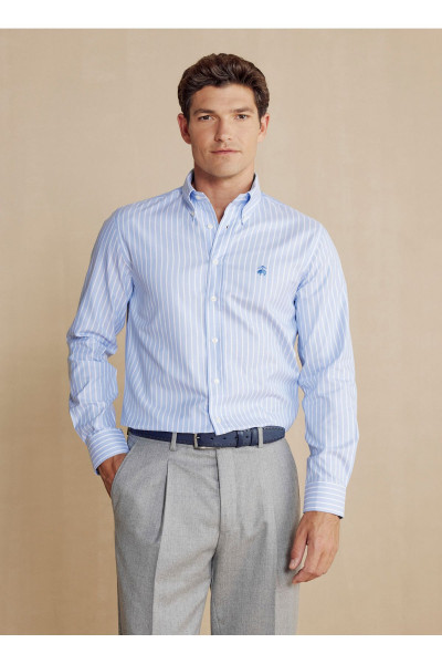 Slim Fit Düğmeli Yaka Çizgili Mavi - Beyaz Erkek Gömlek BBFW24MSH027 Slim Fit Düğmeli Yaka Çizgili Mavi - Beyaz Erkek Gömlek BBFW24MSH027