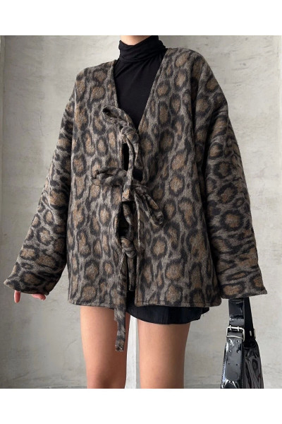 Üç Bağlamalı Leoparlı Kaşe Ceket - Füme ( ÖS ) Üç Bağlamalı Leoparlı Kaşe Ceket - Füme ( ÖS )