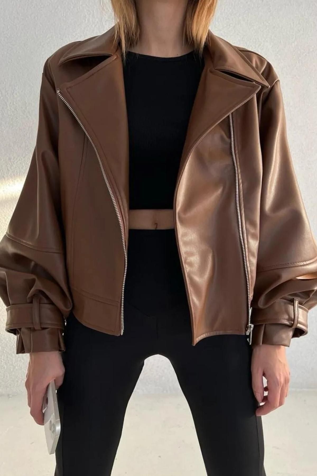 Oversize Kadın Siyah Balon Kol Bomber Deri Ceket Oversize Kadın Siyah Balon Kol Bomber Deri Ceket