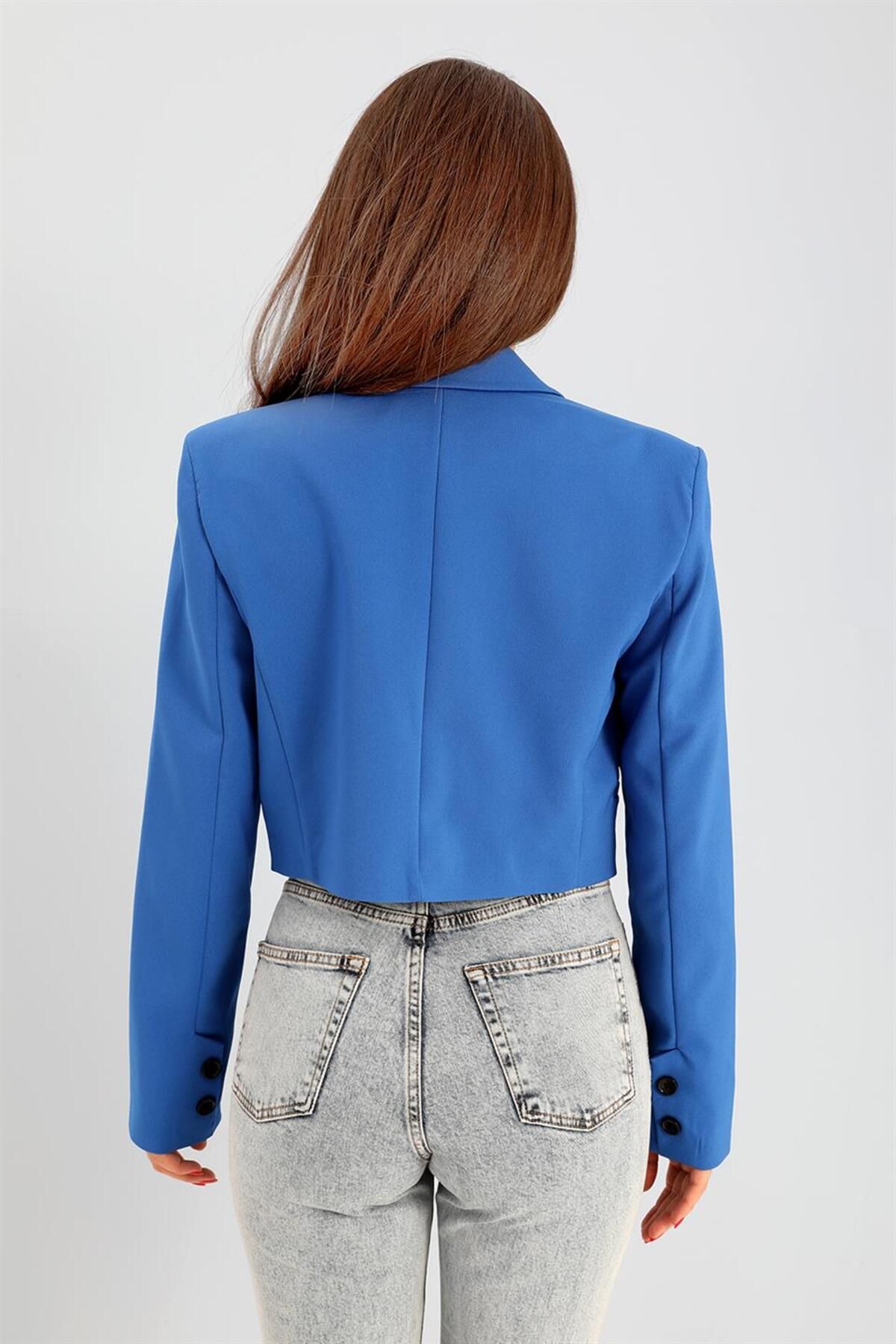 Çift Peto Cepli Kısa Crop Blazer Ceket - SaksMavisi