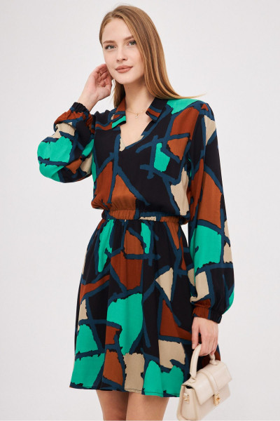 Kadın Turkuaz Gömlek Yaka Detaylı Beli Kolu Lastikli Kloş Elbise ARM-25K001043