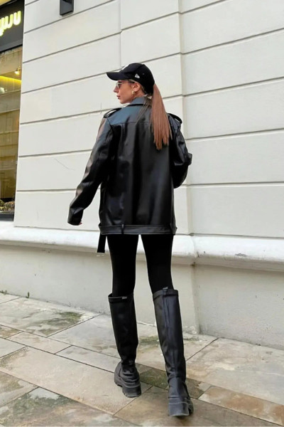 Oversize Uzun Kadın Siyah Deri Ceket Oversize Uzun Kadın Siyah Deri Ceket