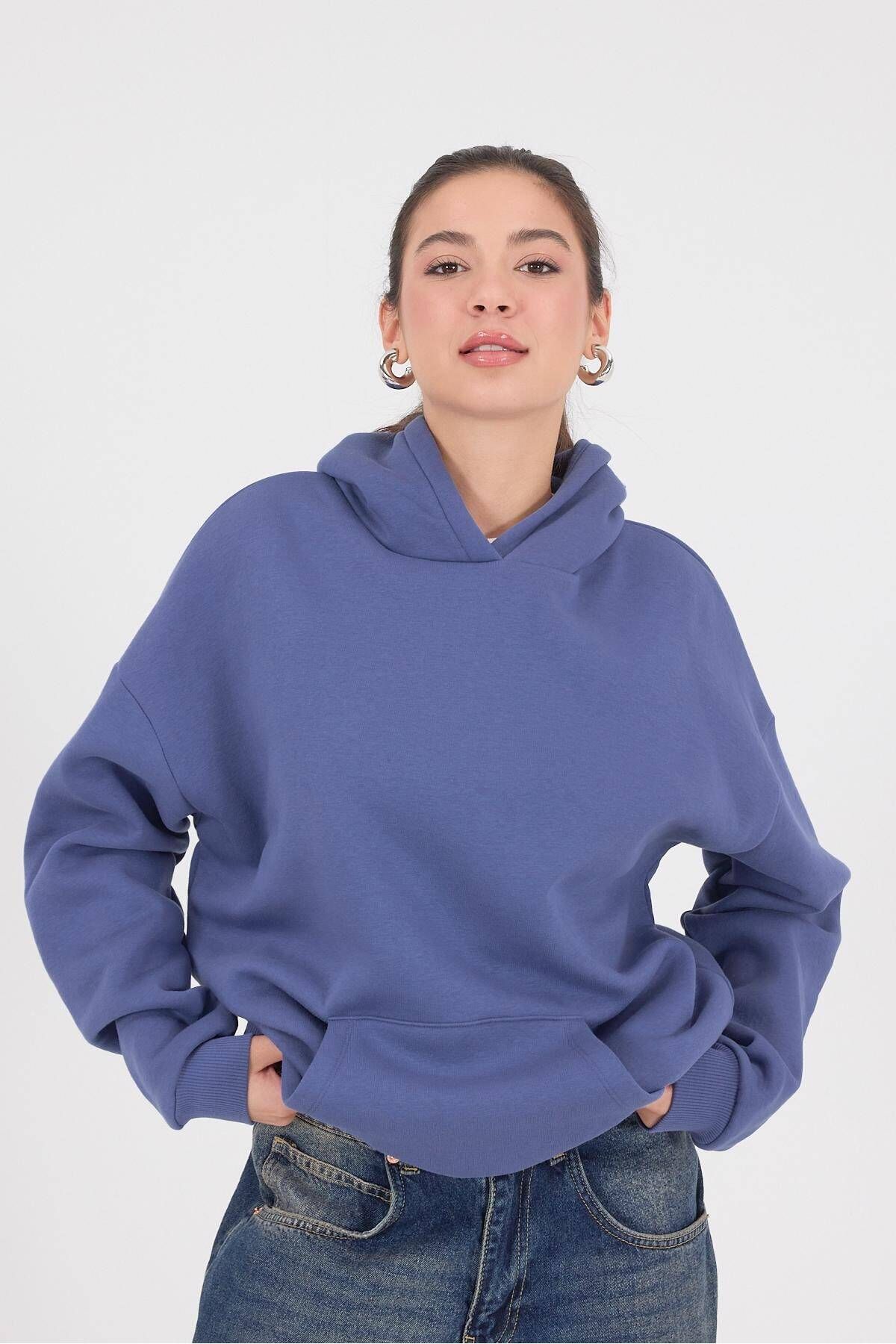 Kapüşonlu Şardonlu Basic Sweatshirt S1596