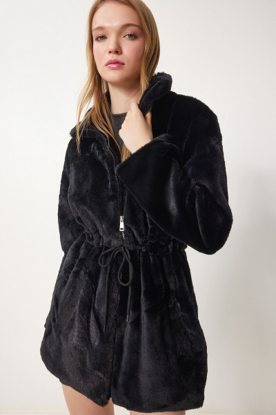 Kadın Siyah Fermuarlı Oversize Kürklü Peluş Kaban RV00149 Kadın Siyah Fermuarlı Oversize Kürklü Peluş Kaban RV00149