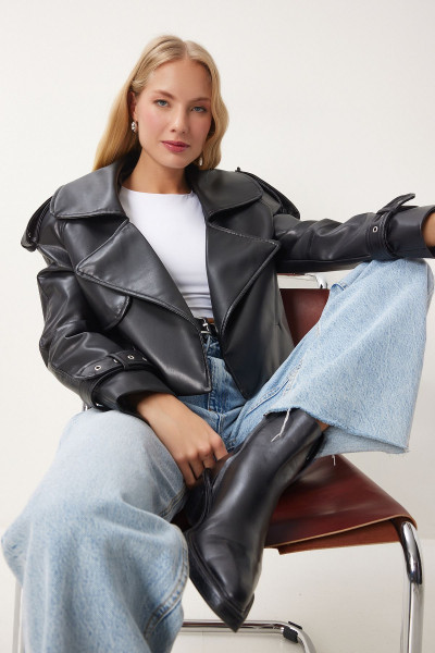 Kadın Siyah Oversize Suni Deri Ceket OH00059 Kadın Siyah Oversize Suni Deri Ceket OH00059