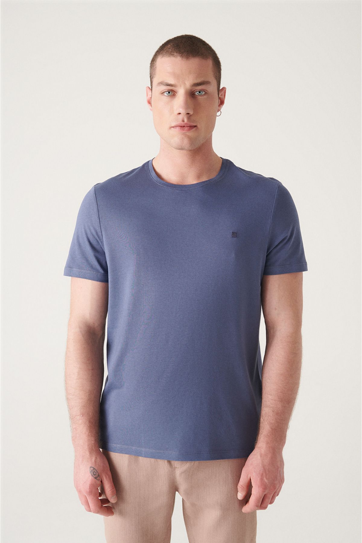 Erkek Indigo Ultrasoft Bisiklet Yaka Düz Modal T-shirt B001171