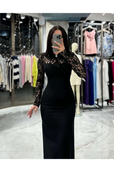 Linda Dantel Detay Çıkarılabilir Yaka Detaylı Uzun Kol Midi Boy Elbise Siyah Linda Dantel Detay Çıkarılabilir Yaka Detaylı Uzun Kol Midi Boy Elbise Siyah