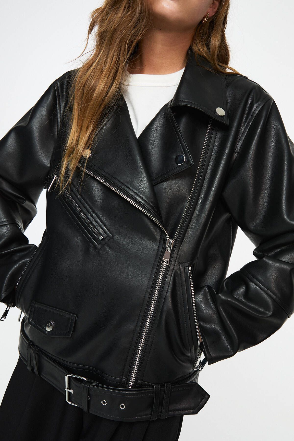 Oversize suni deri biker ceket Oversize suni deri biker ceket