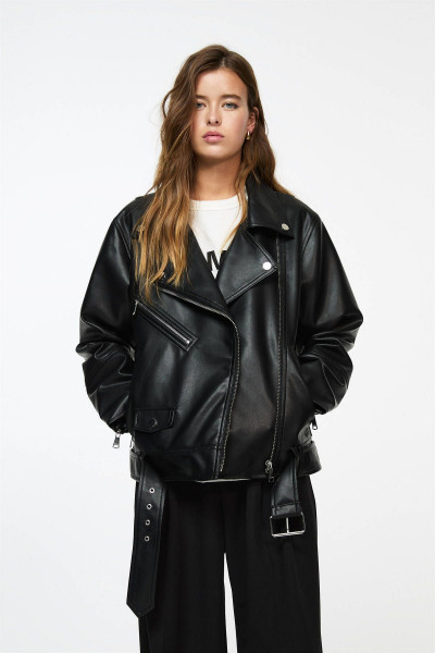 Oversize suni deri biker ceket Oversize suni deri biker ceket