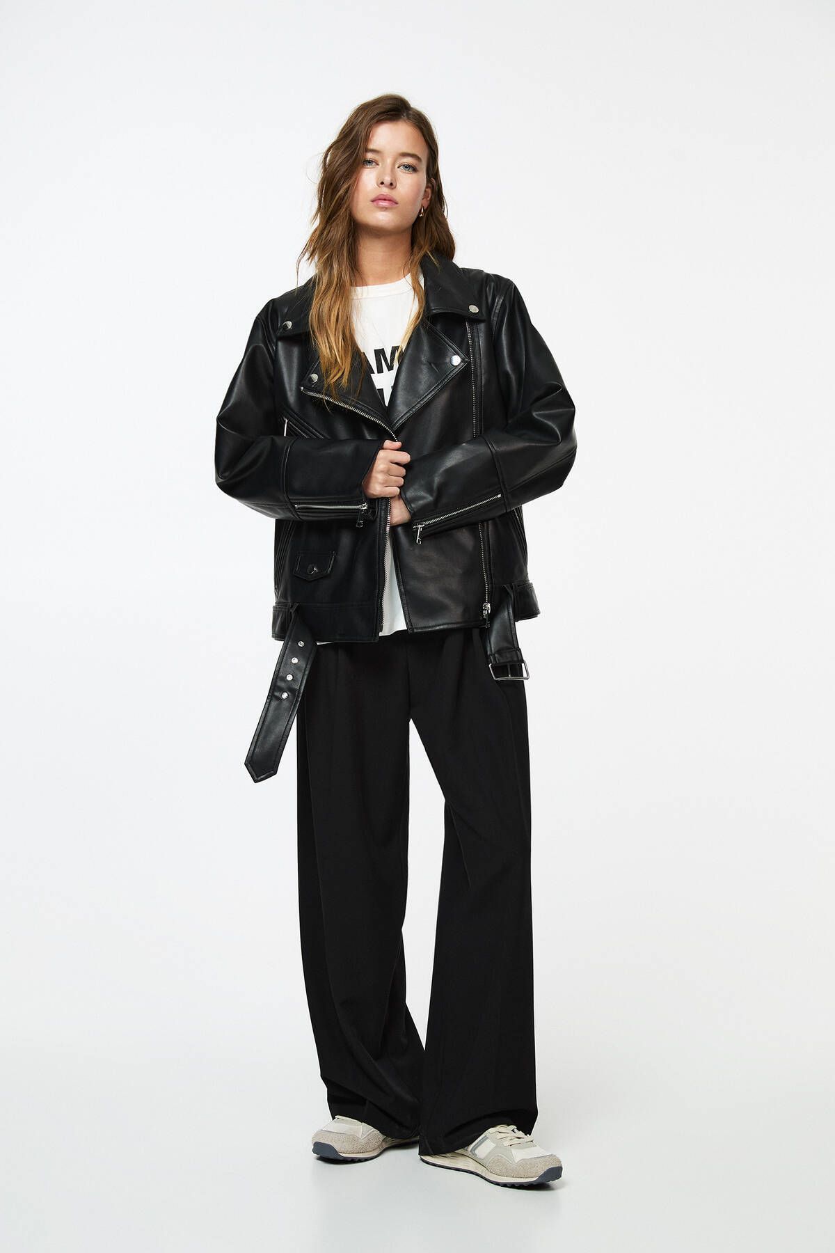 Oversize suni deri biker ceket Oversize suni deri biker ceket