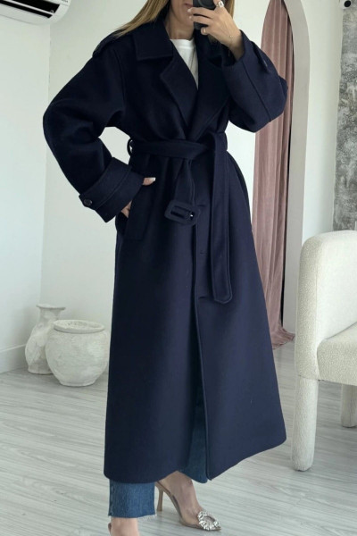 Kadın Premium Lacivert Renk Kaşe Uzun Kemerli Standart Beden Kaban 9494 Kadın Premium Lacivert Renk Kaşe Uzun Kemerli Standart Beden Kaban 9494