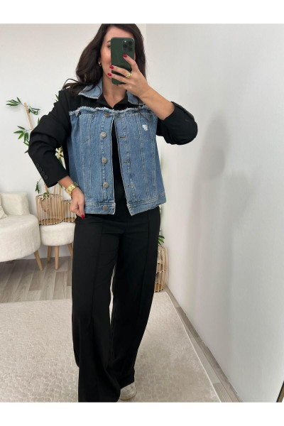 Siyah Denim Detaylı Tasarım Ceket Siyah Denim Detaylı Tasarım Ceket