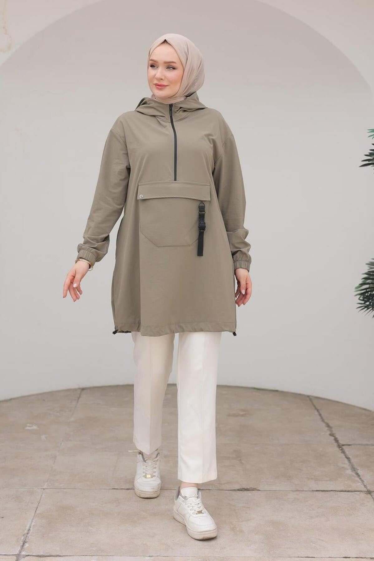 Trend Fermuar Detaylı Kapüşonlu Tunik - Küf Yeşili Trend Fermuar Detaylı Kapüşonlu Tunik - Küf Yeşili