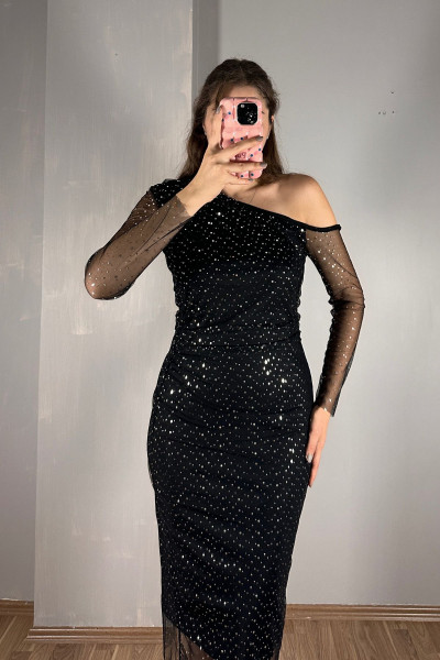 Tül Tek Omuz Kayık Yaka Maxi Elbise Tül Tek Omuz Kayık Yaka Maxi Elbise