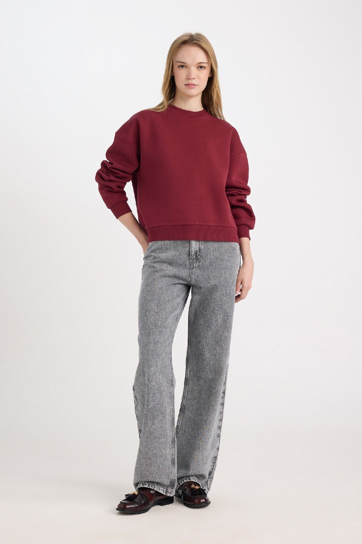 Regular Fit Bisiklet Yaka Basic Kalın Kumaş Bordo Sweatshirt D6645ax24wn