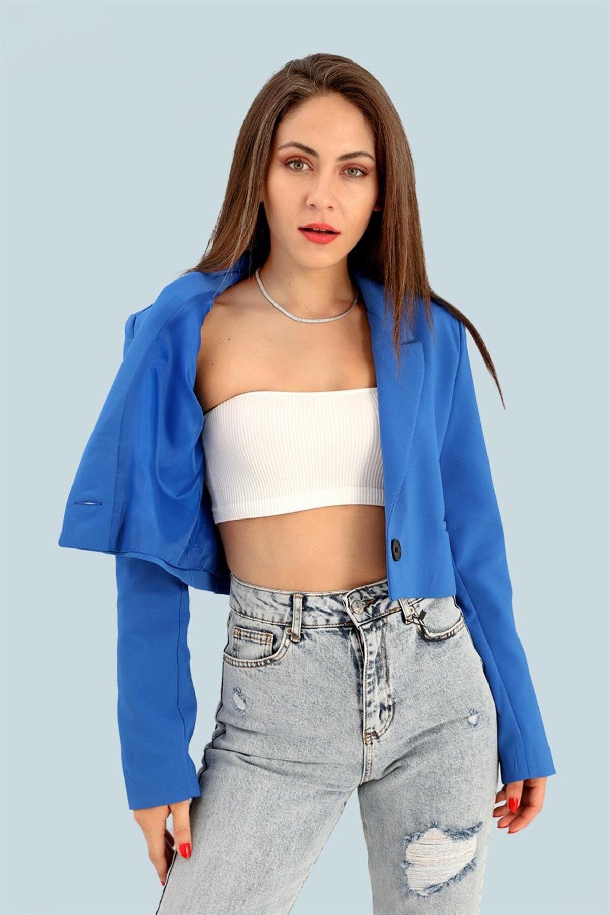 Çift Peto Cepli Kısa Crop Blazer Ceket - SaksMavisi