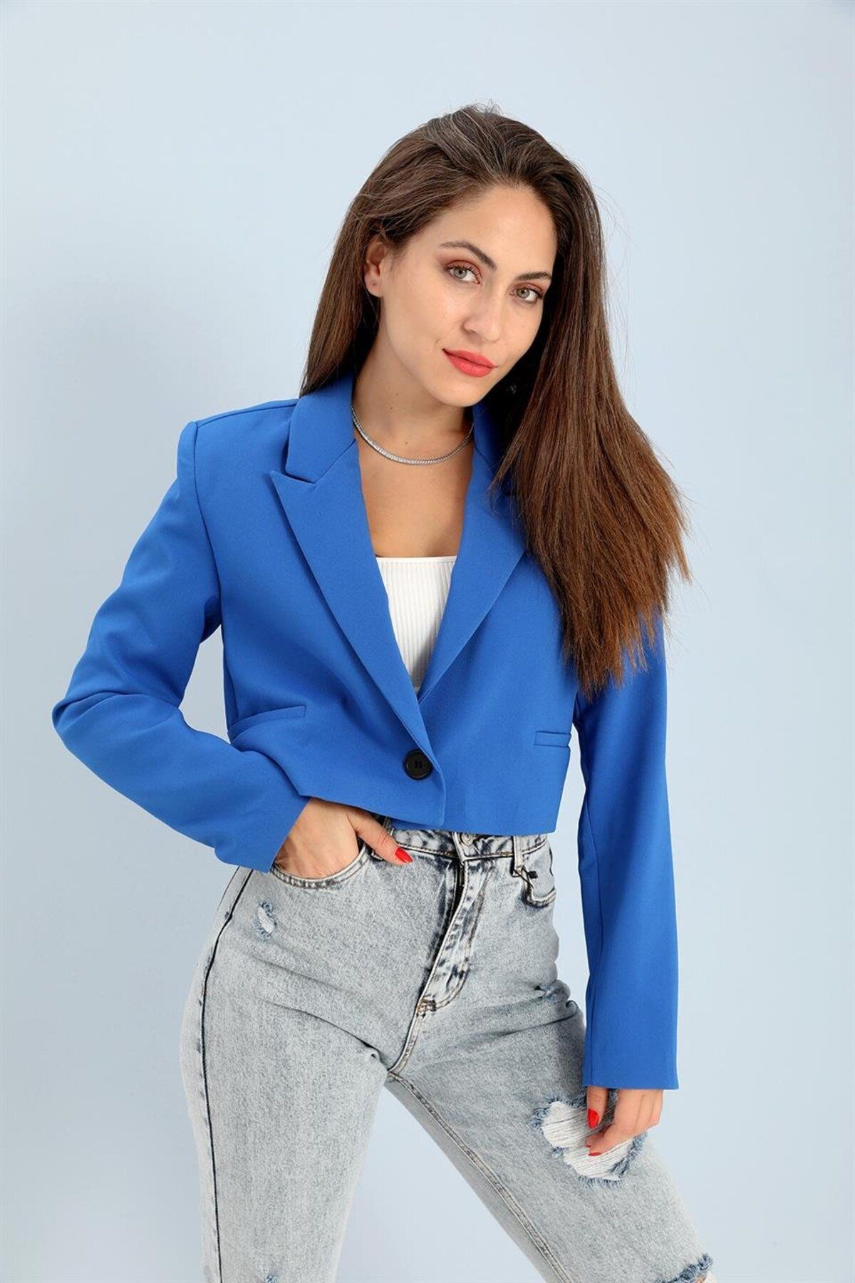 Çift Peto Cepli Kısa Crop Blazer Ceket - SaksMavisi