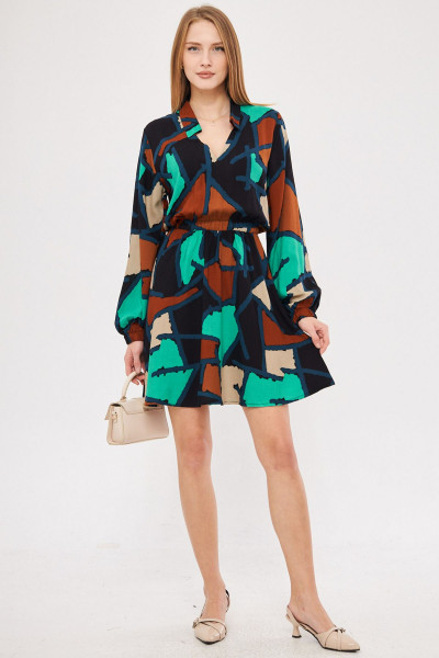 Kadın Turkuaz Gömlek Yaka Detaylı Beli Kolu Lastikli Kloş Elbise ARM-25K001043