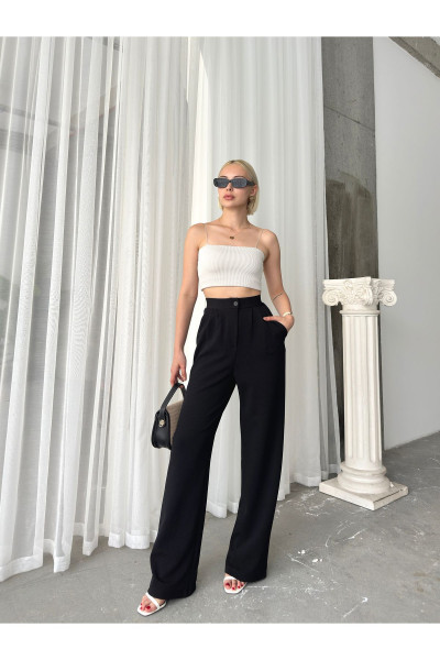 Siyah Düğmeli Yüksek Bel Pileli Wide Leg/Geniş Kesim Örme Palazzo Pantolon Siyah Düğmeli Yüksek Bel Pileli Wide Leg/Geniş Kesim Örme Palazzo Pantolon