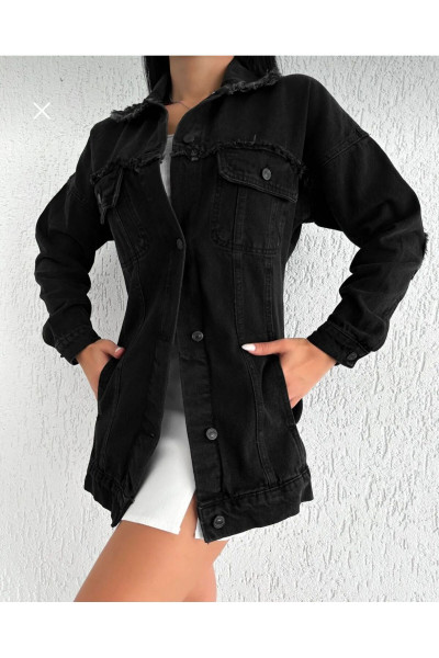 Kadın Yakası Uzun Yırtıklı Siyah Kot Ceket Kadın Yakası Uzun Yırtıklı Siyah Kot Ceket